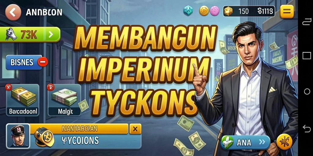 Tampilan gameplay 73K yang menampilkan kota bisnis yang ramai.
