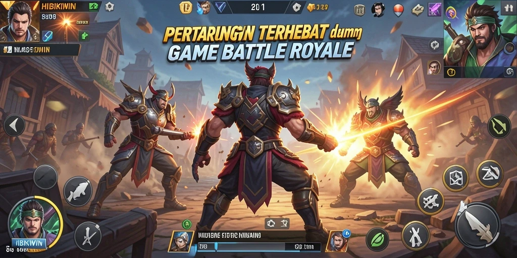 Tangkapan layar utama HIBIKIWIN menampilkan aksi seru dalam pertempuran Battle Royale.