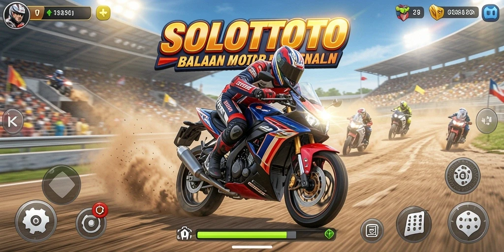 Screenshot gameplay SOLOTOTO menampilkan aksi balapan motor yang seru.